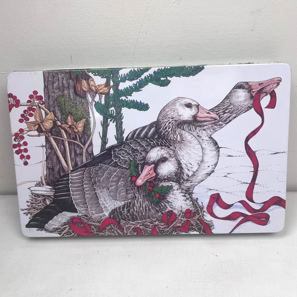 Vintage Christmas Geese Metal Tin Large Rectangular Winter Woodland Bird Decor